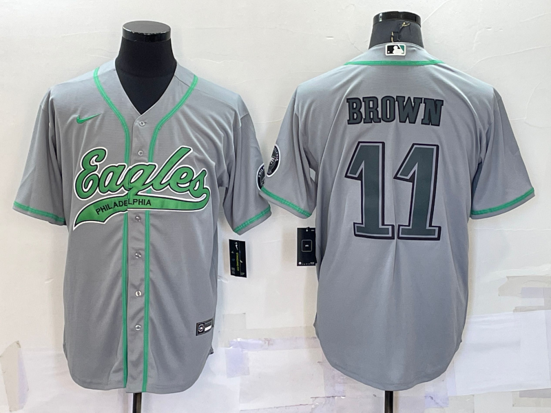 Men's Philadelphia Eagles #11 A. J. Brown Grey With Patch Cool Base Stitched Baseball Jersey Men's Philadelphia Eagles #11 A. J. Brown Grey With Patch Cool Base Stitched Baseball Jersey